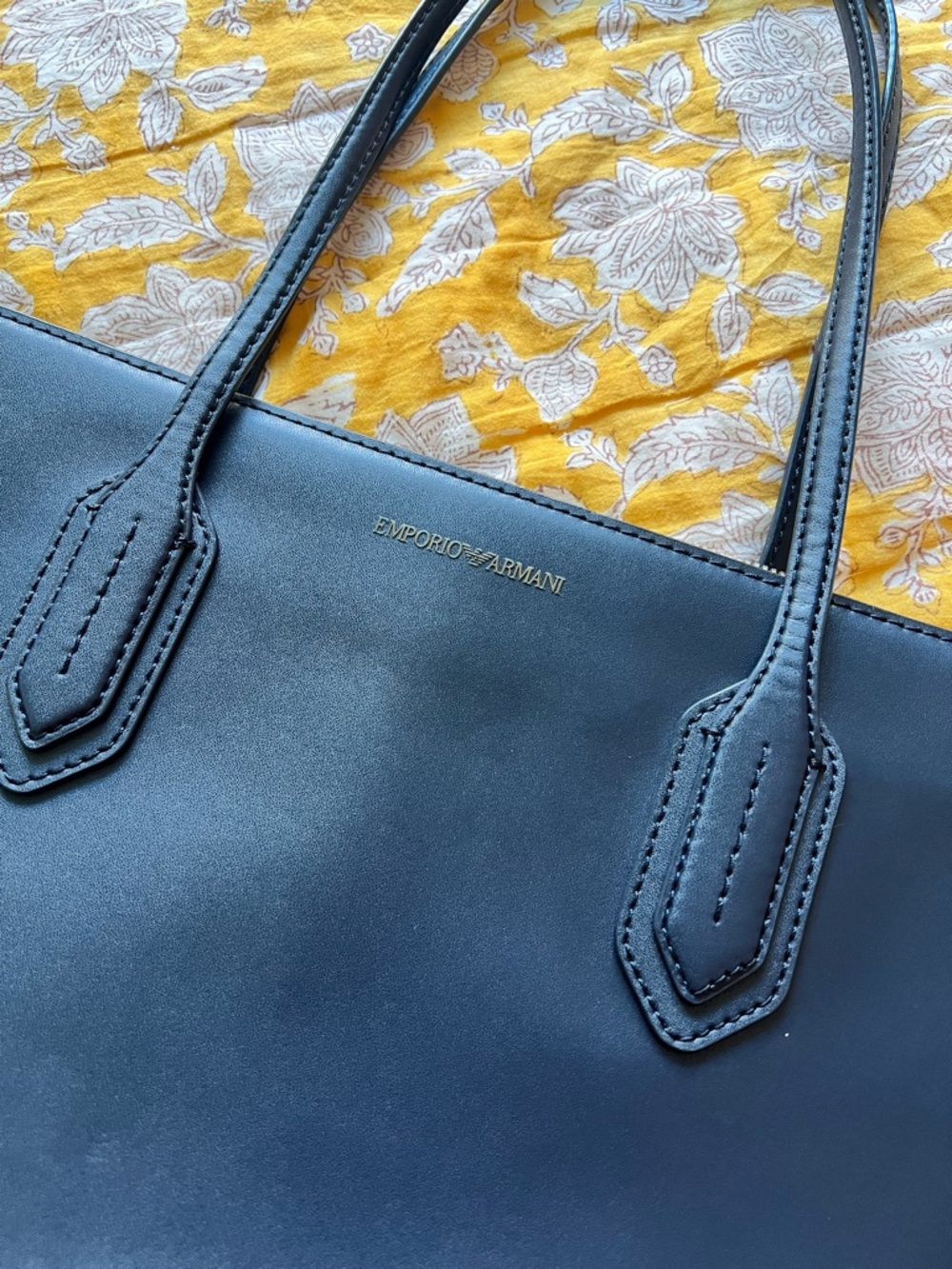 Emporio Armani Navy Leather Tote with Gold Logo